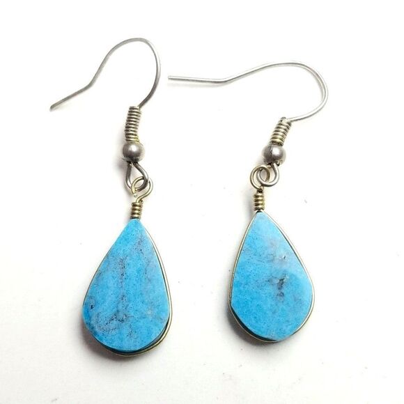 Vintage Blue Wire Wraped Drop Shape Dangle Earrings, Minimal Lightweight - Picture 1 of 5